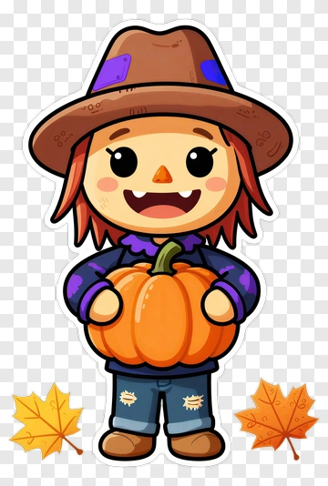 Cartoon Scarecrow Holding A Pumpkin PNG