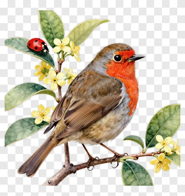 Bird Sitting On A Branch With Flowers PNG