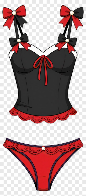 Lingerie Set With Red And Black Bow Details PNG