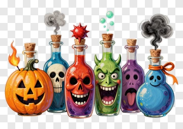 Halloween Potion Bottles With Pumpkin PNG