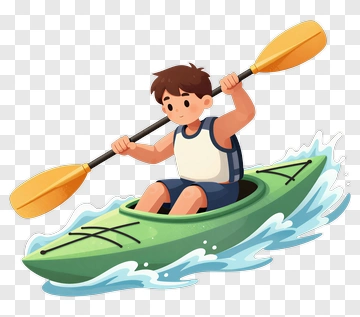 Cartoon Boy Kayaking On A Green Kayak PNG