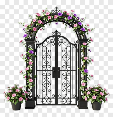 Floral Garden Gate With Arch And Planters PNG