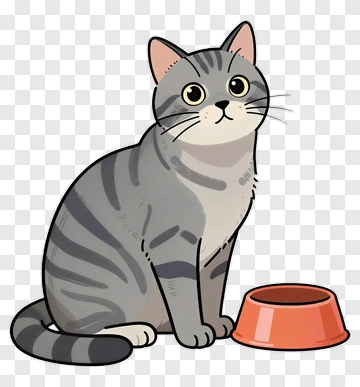 Cartoon Cat Sitting Beside A Food Bowl PNG