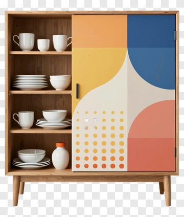 Modern Wooden Cabinet With Colorful Design PNG