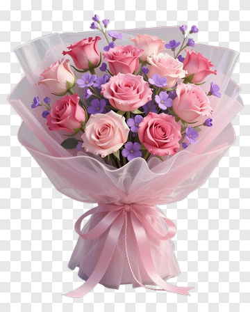 Bouquet Of Pink Roses And Purple Flowers PNG