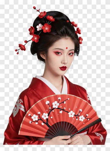 Geisha Holding A Decorative Fan PNG