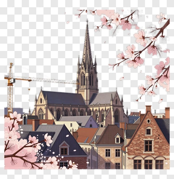 Spring Cityscape With Cherry Blossoms And Cathedral PNG