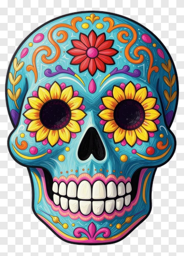 Colorful Sugar Skull With Floral Decorations PNG
