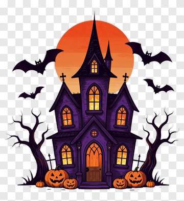Haunted House With Halloween Pumpkins And Bats PNG