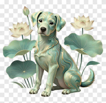 Stylized Dog Surrounded By Lotus Flowers PNG