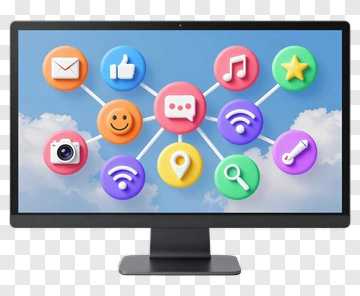Colorful Computer Monitor With Social Media Icons PNG