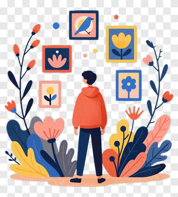 Person Observing Art In A Floral Environment PNG