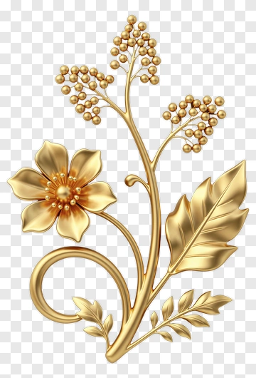 Golden Floral Design With Leaves And Berries PNG