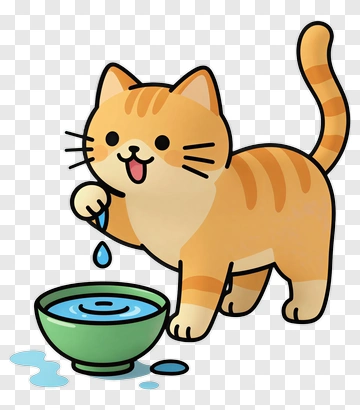 Cartoon Cat Playing With Water Bowl PNG