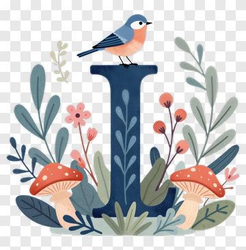 Bird Sitting On A Letter I Surrounded By Flowers And Mushrooms PNG