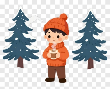 Cartoon Boy Holding A Cup Surrounded By Snowy Trees PNG