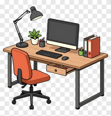 Office Desk With Computer And Chair PNG