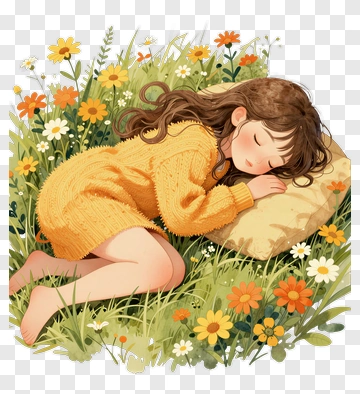 Girl Sleeping On A Pillow In A Flower Field PNG