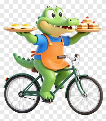 Cartoon Alligator Riding A Bicycle With Food Trays PNG