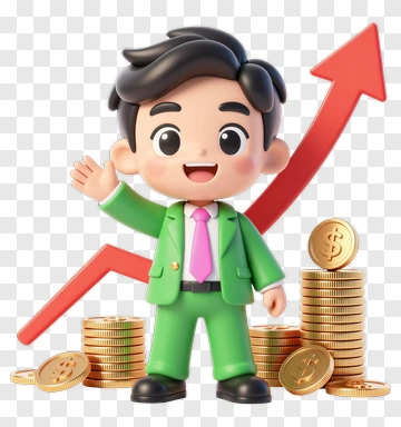 Cartoon Businessman Standing With Coins And Growth Chart PNG