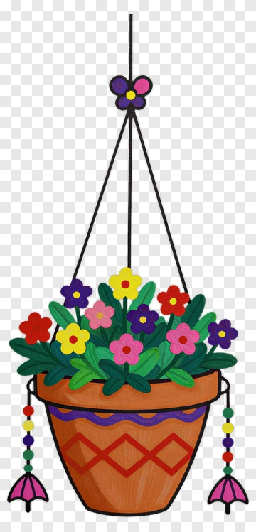 Colorful Flower Pot Hanging With Decorative Elements PNG