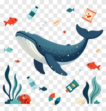 Cartoon Whale Swimming Among Fish And Marine Debris PNG