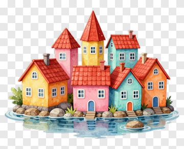 Colorful Village By The Water PNG