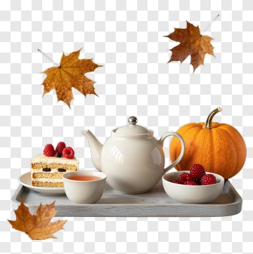 Autumn Tea Set With Cake And Pumpkin PNG