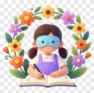 Cartoon Girl Writing In A Notebook Surrounded By Flowers PNG