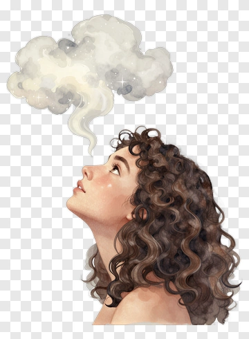 Woman With Curly Hair Looking Up At A Dreamy Cloud PNG