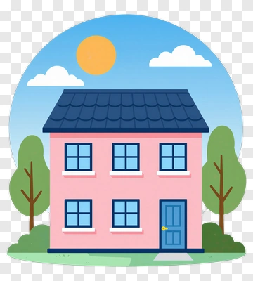Cartoon House With Trees And Sun PNG