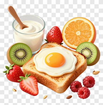 Breakfast Toast With Egg And Fresh Fruits PNG