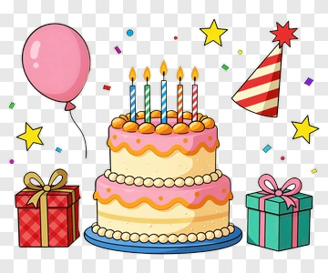 Birthday Cake With Candles And Party Decorations PNG