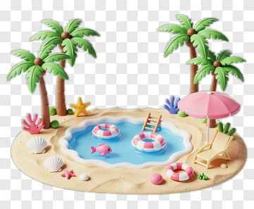 Colorful Beach Scene With Palm Trees And Pool PNG