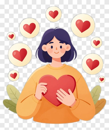 Cartoon Woman Holding A Heart With Love Symbols PNG