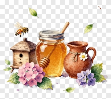Honey Jar With Flowers And Bee PNG