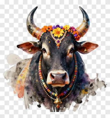Colorful Cow With Floral Accessories PNG