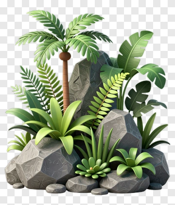 Tropical Plants And Rocks Composition PNG