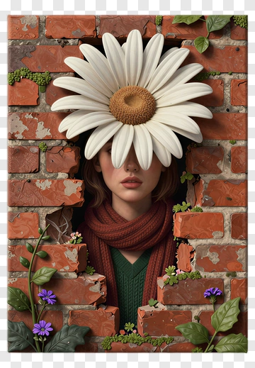 Woman With A Large Daisy Emerging From A Brick Wall PNG