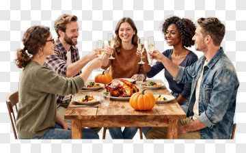 Happy Friends Celebrating Thanksgiving Dinner PNG