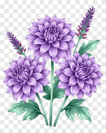 Purple Dahlia Flowers With Green Leaves PNG