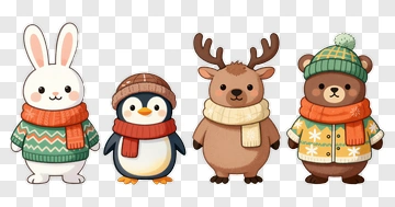Cartoon Winter Animals In Sweaters PNG