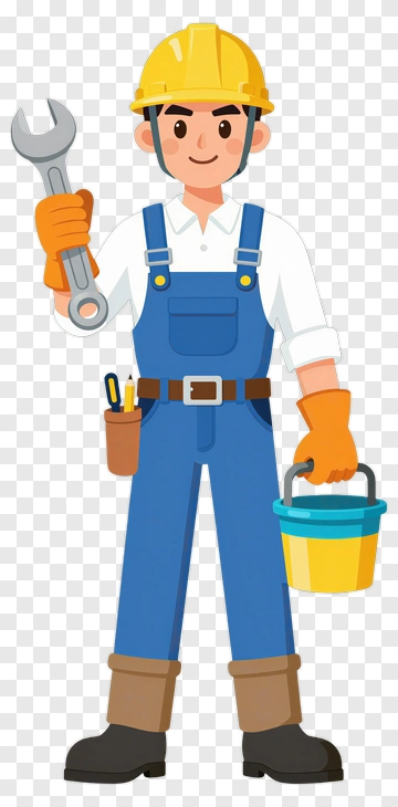 Cartoon Construction Worker Holding A Wrench And Bucket PNG