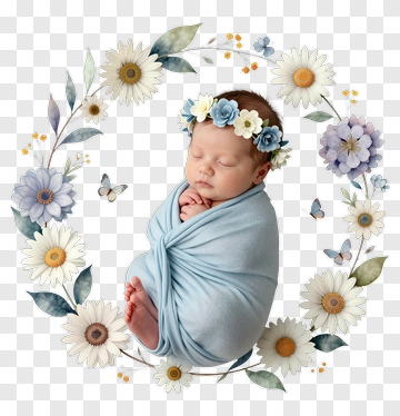 Newborn Baby Wrapped In Blue Blanket With Floral Wreath PNG