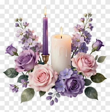 Floral Arrangement With Candle And Purple Roses PNG