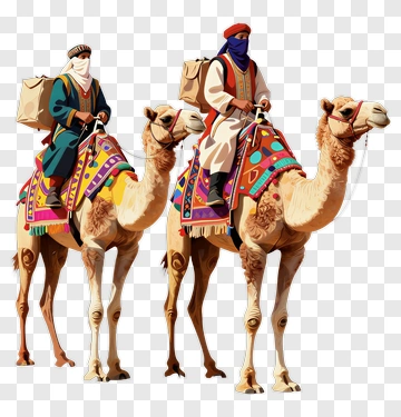 Two Camel Riders In Colorful Attire PNG