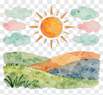 Watercolor Landscape With Sun And Clouds PNG
