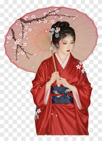 Woman In Red Kimono Holding A Pink Parasol PNG