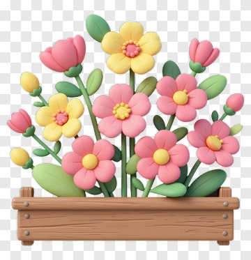 Colorful Flower Bouquet In A Wooden Planter PNG