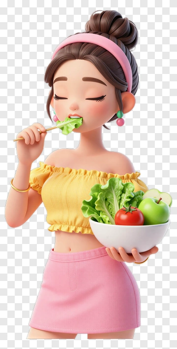 3D Woman Eating Salad With Fresh Vegetables PNG